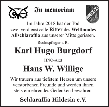 Traueranzeige von Karl Hugo Burgdorf von Hildesheimer Allgemeine Zeitung