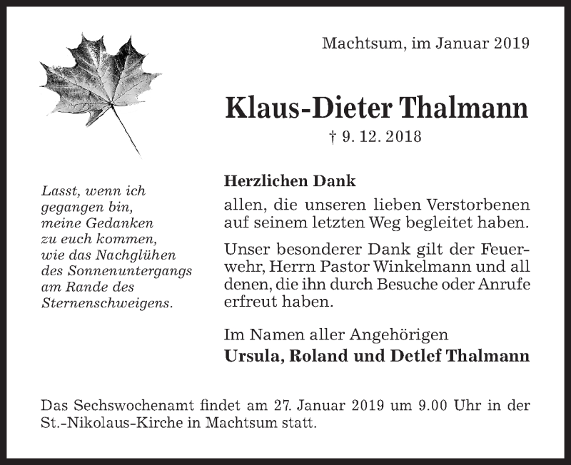  Traueranzeige für Klaus-Dieter Thalmann vom 19.01.2019 aus Hildesheimer Allgemeine Zeitung