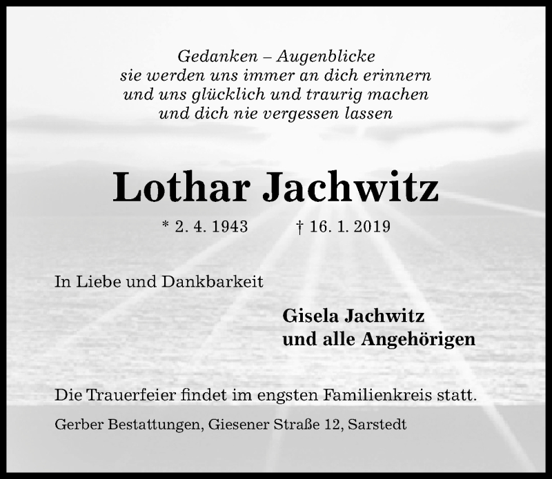  Traueranzeige für Lothar Jachwitz vom 26.01.2019 aus Hildesheimer Allgemeine Zeitung