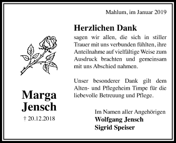 Traueranzeige von Marga Jensch von Hildesheimer Allgemeine Zeitung