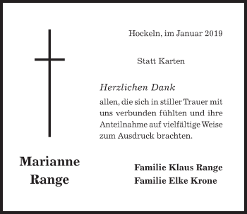 Traueranzeige von Marianne Range von Hildesheimer Allgemeine Zeitung