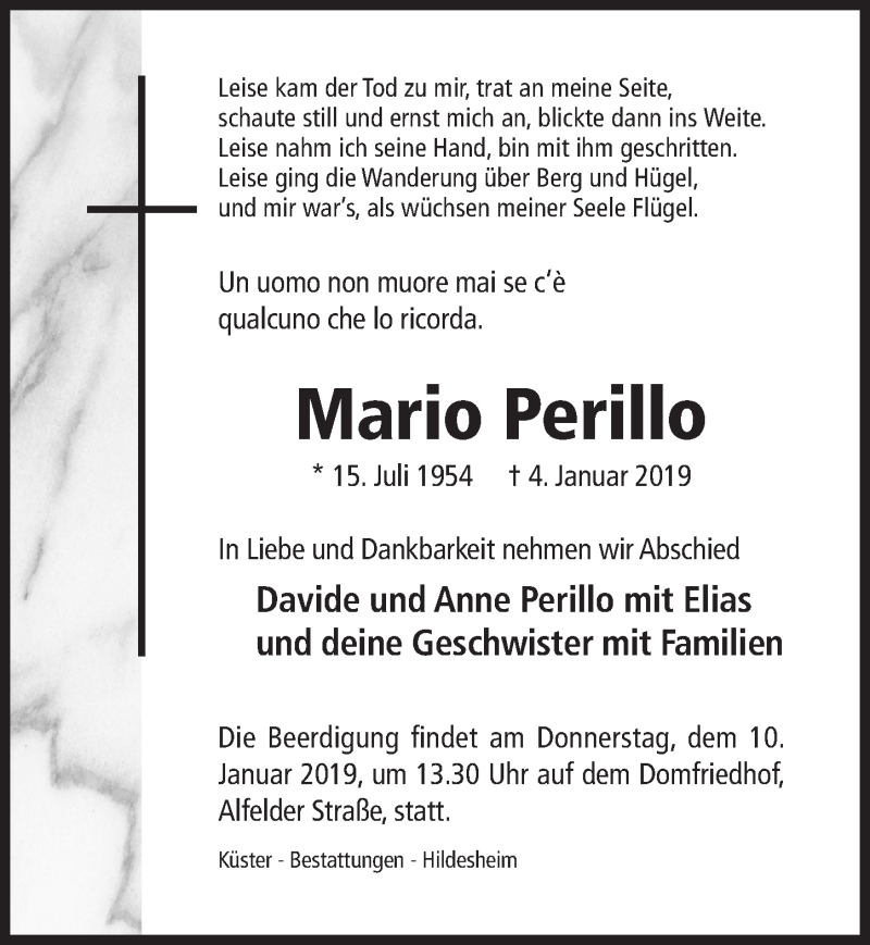  Traueranzeige für Mario Perillo vom 08.01.2019 aus Hildesheimer Allgemeine Zeitung