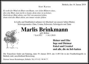 Traueranzeige von Marlis Brinkmann von Hildesheimer Allgemeine Zeitung