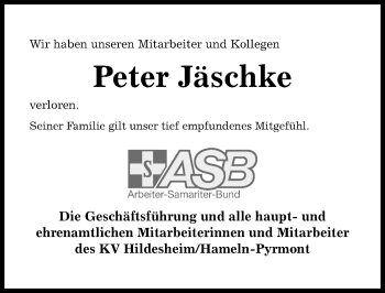 Traueranzeige von Peter Jäschke von Hildesheimer Allgemeine Zeitung