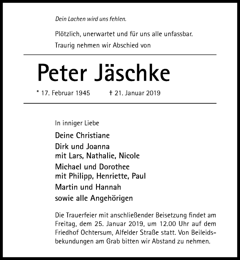  Traueranzeige für Peter Jäschke vom 23.01.2019 aus Hildesheimer Allgemeine Zeitung