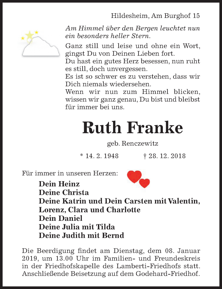  Traueranzeige für Ruth Franke vom 05.01.2019 aus Hildesheimer Allgemeine Zeitung