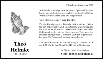 Traueranzeige von Theo Helmke von Hildesheimer Allgemeine Zeitung