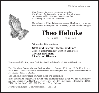 Traueranzeige von Theo Helmke von Hildesheimer Allgemeine Zeitung