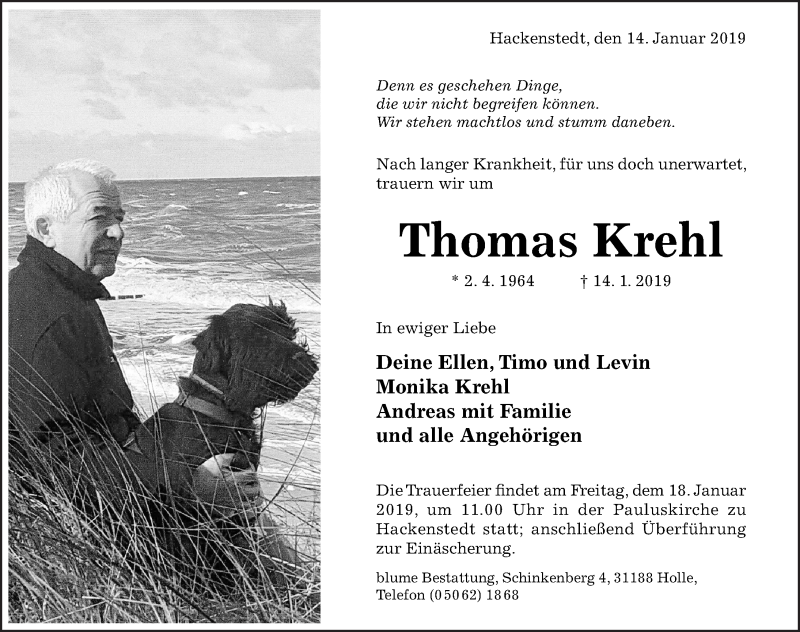  Traueranzeige für Thomas Krehl vom 16.01.2019 aus Hildesheimer Allgemeine Zeitung