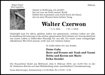 Traueranzeige von Walter Czerwon von Hildesheimer Allgemeine Zeitung