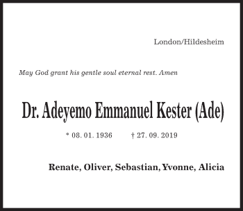 Traueranzeige von Adeyemo Emmanuel Kester von Hildesheimer Allgemeine Zeitung