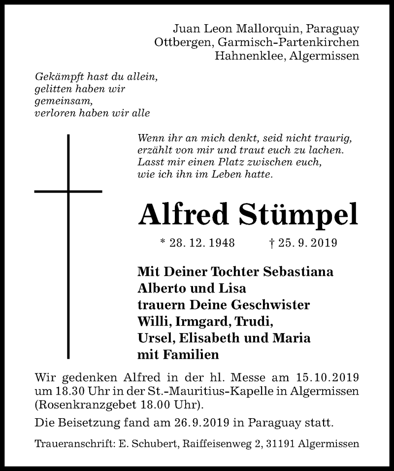  Traueranzeige für Alfred Stümpel vom 12.10.2019 aus Hildesheimer Allgemeine Zeitung