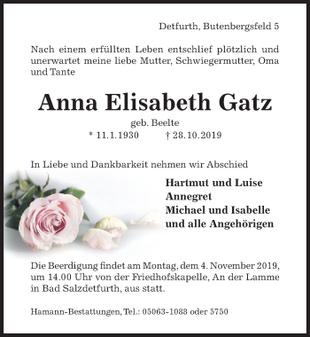 Traueranzeige von Anna Elisabeth Gatz von Hildesheimer Allgemeine Zeitung