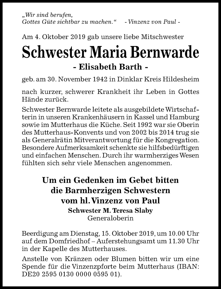  Traueranzeige für Elisabeth Barth vom 08.10.2019 aus Hildesheimer Allgemeine Zeitung