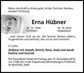 Traueranzeige von Erna Hübner von Hildesheimer Allgemeine Zeitung