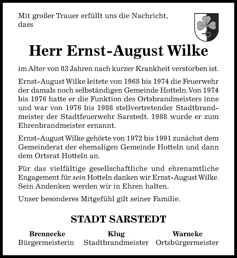  Traueranzeige für Ernst-August Wilke vom 02.10.2019 aus Hildesheimer Allgemeine Zeitung