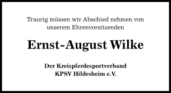 Traueranzeige von Ernst-August Wilke von Hildesheimer Allgemeine Zeitung