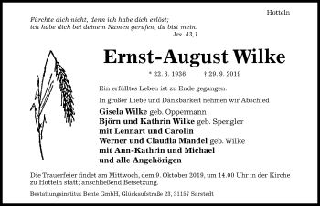 Traueranzeige von Ernst-August Wilke von Hildesheimer Allgemeine Zeitung