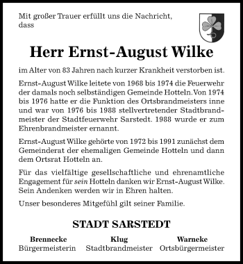 Traueranzeige von Ernst-August Wilke von Hildesheimer Allgemeine Zeitung