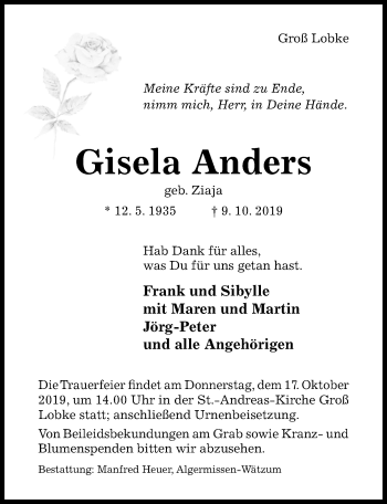 Traueranzeige von Gisela Anders von Hildesheimer Allgemeine Zeitung