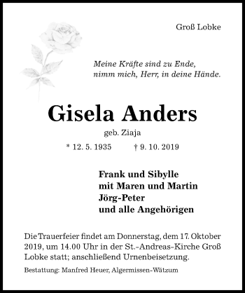 Traueranzeige von Gisela Anders von Hildesheimer Allgemeine Zeitung