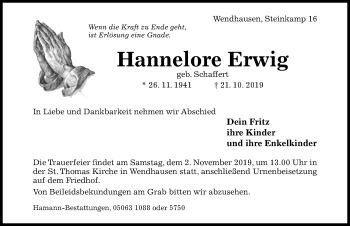 Traueranzeige von Hannelore Erwig von Hildesheimer Allgemeine Zeitung