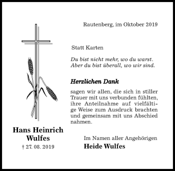 Traueranzeige von Hans Heinrich Wulfes von Hildesheimer Allgemeine Zeitung