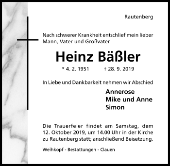 Traueranzeige von Heinz Bäßler von Hildesheimer Allgemeine Zeitung