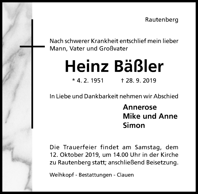  Traueranzeige für Heinz Bäßler vom 05.10.2019 aus Hildesheimer Allgemeine Zeitung