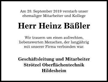 Traueranzeige von Heinz Bäßler von Hildesheimer Allgemeine Zeitung