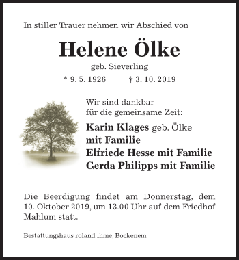 Traueranzeige von Helene Ölke von Hildesheimer Allgemeine Zeitung