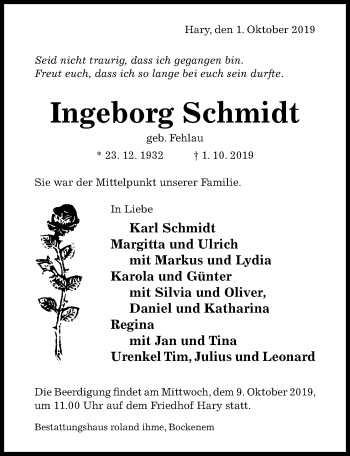 Traueranzeige von Ingeborg Schmidt von Hildesheimer Allgemeine Zeitung