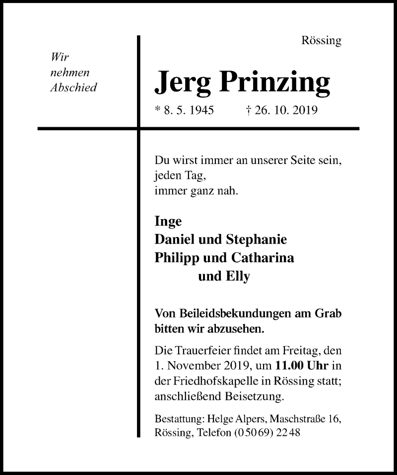  Traueranzeige für Jerg Prinzing vom 29.10.2019 aus Hildesheimer Allgemeine Zeitung
