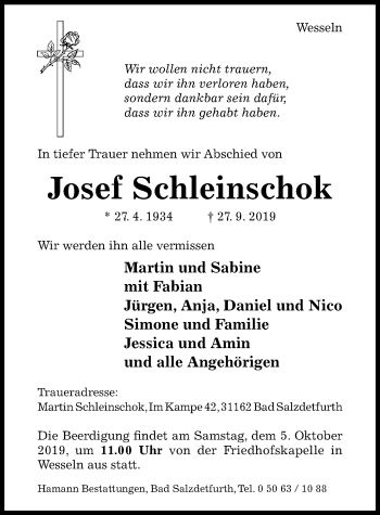 Traueranzeige von Josef Schleinschok von Hildesheimer Allgemeine Zeitung