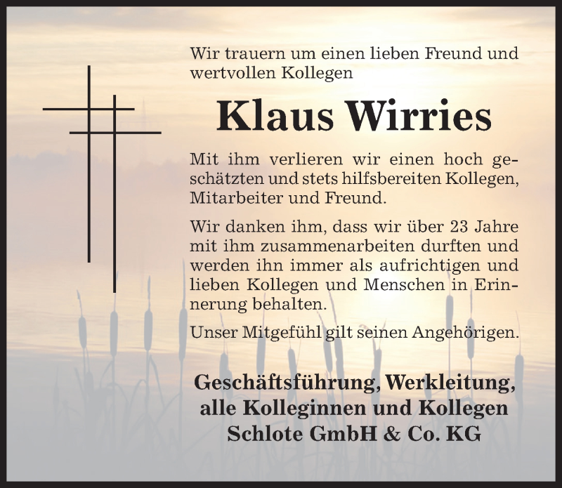  Traueranzeige für Klaus Wirries vom 12.10.2019 aus Hildesheimer Allgemeine Zeitung