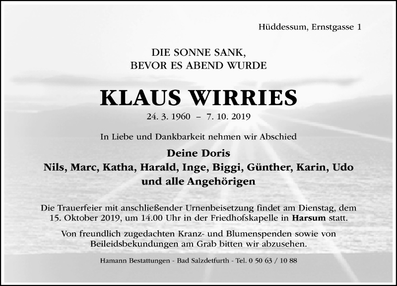  Traueranzeige für Klaus Wirries vom 10.10.2019 aus Hildesheimer Allgemeine Zeitung