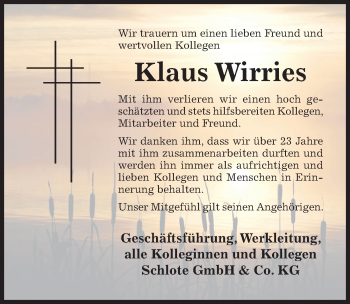 Traueranzeige von Klaus Wirries von Hildesheimer Allgemeine Zeitung