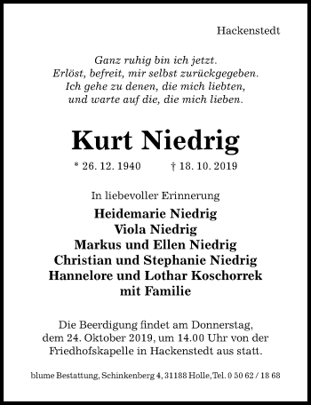 Traueranzeige von Kurt Niedrig von Hildesheimer Allgemeine Zeitung