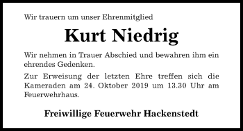 Traueranzeige von Kurt Niedrig von Hildesheimer Allgemeine Zeitung