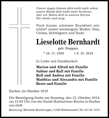 Traueranzeige von Lieselotte Bernhardt von Hildesheimer Allgemeine Zeitung