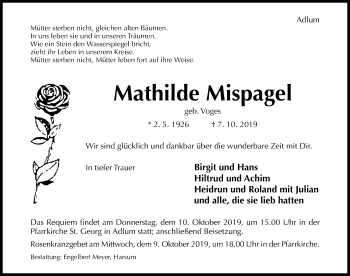 Traueranzeige von Mathilde Mispagel von Hildesheimer Allgemeine Zeitung