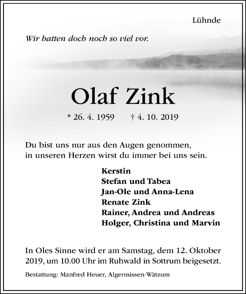  Traueranzeige für Olaf Zink vom 10.10.2019 aus Hildesheimer Allgemeine Zeitung