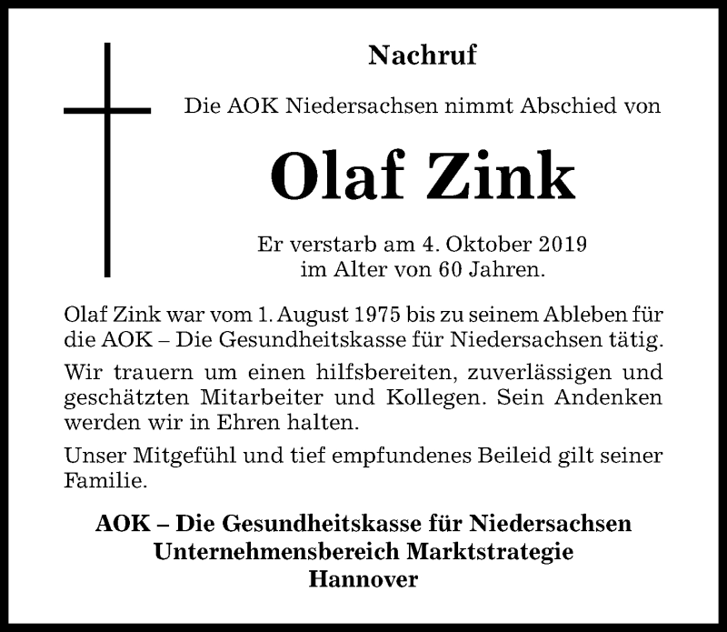  Traueranzeige für Olaf Zink vom 12.10.2019 aus Hildesheimer Allgemeine Zeitung