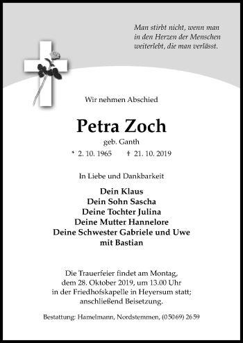 Traueranzeige von Petra Zoch von Hildesheimer Allgemeine Zeitung