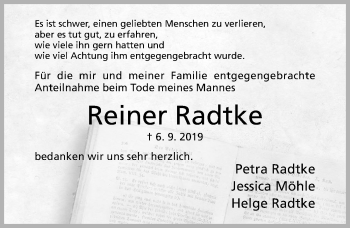 Traueranzeige von Reiner Radtke von Hildesheimer Allgemeine Zeitung