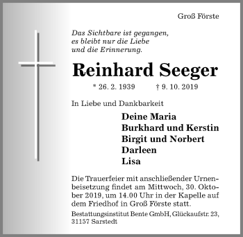 Traueranzeige von Reinhard Seeger von Hildesheimer Allgemeine Zeitung