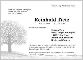 Traueranzeige von Reinhold Tietz von Hildesheimer Allgemeine Zeitung