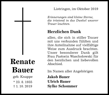 Traueranzeige von Renate Bauer von Hildesheimer Allgemeine Zeitung