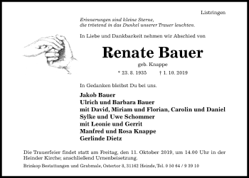 Traueranzeige von Renate Bauer von Hildesheimer Allgemeine Zeitung