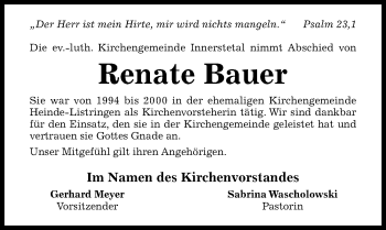 Traueranzeige von Renate Bauer von Hildesheimer Allgemeine Zeitung